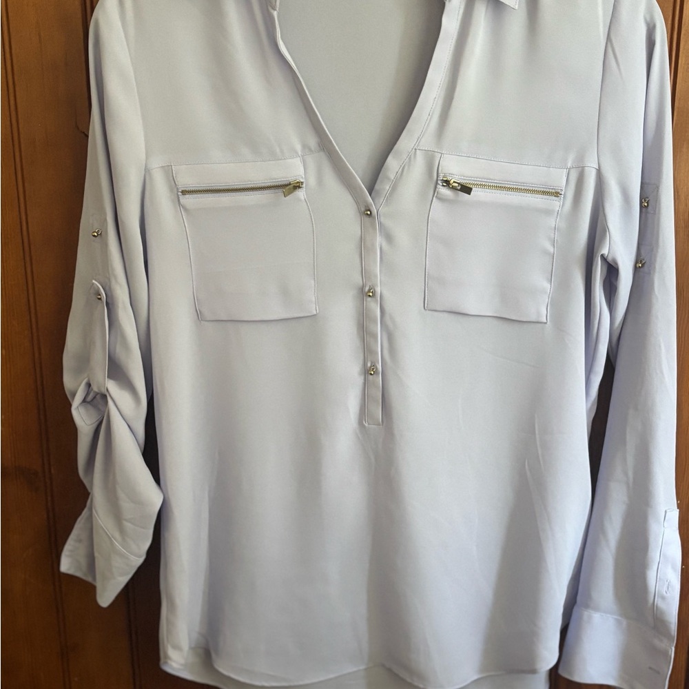 Express Soft Gray Blouse with Zippered Pockets